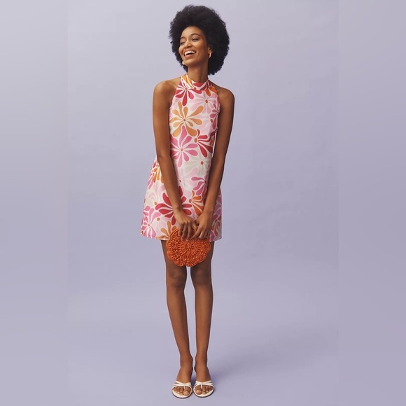NEW Anthropologie Hutch Jones Halter Mini Dress Floral Orange Retro 70s Pink - Picture 2 of 10
